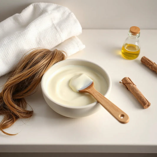 Bol de masque capillaire crémeux et spatule en bois sur un comptoir, avec une mèche de cheveux abîmés