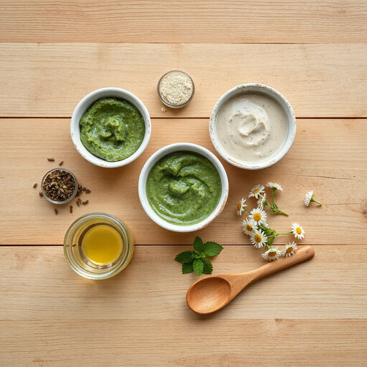 Bol de masques à base de plantes sur une table en bois, avec herbes fraîches et fleurs.