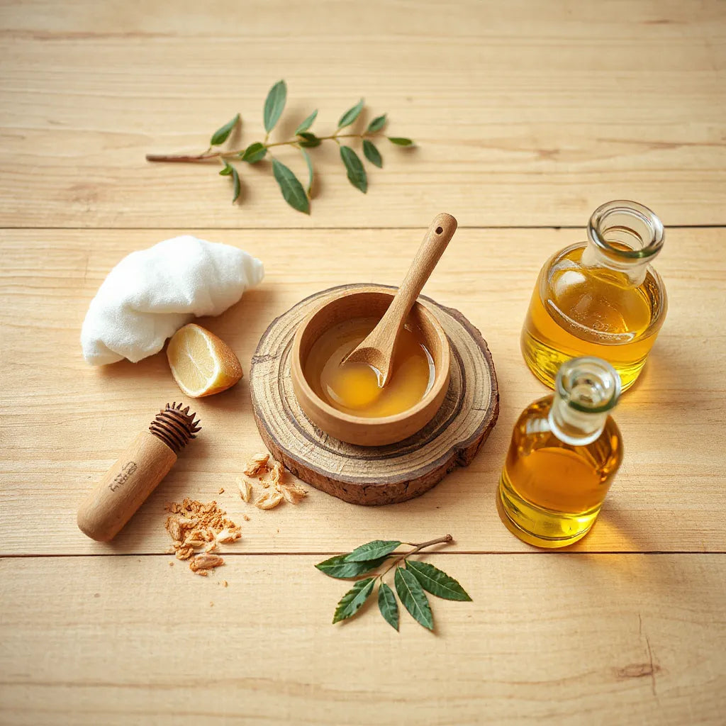 Ingrédients naturels pour soins de la peau sur table en bois : miel, avoine, concombre et flacon d’huile