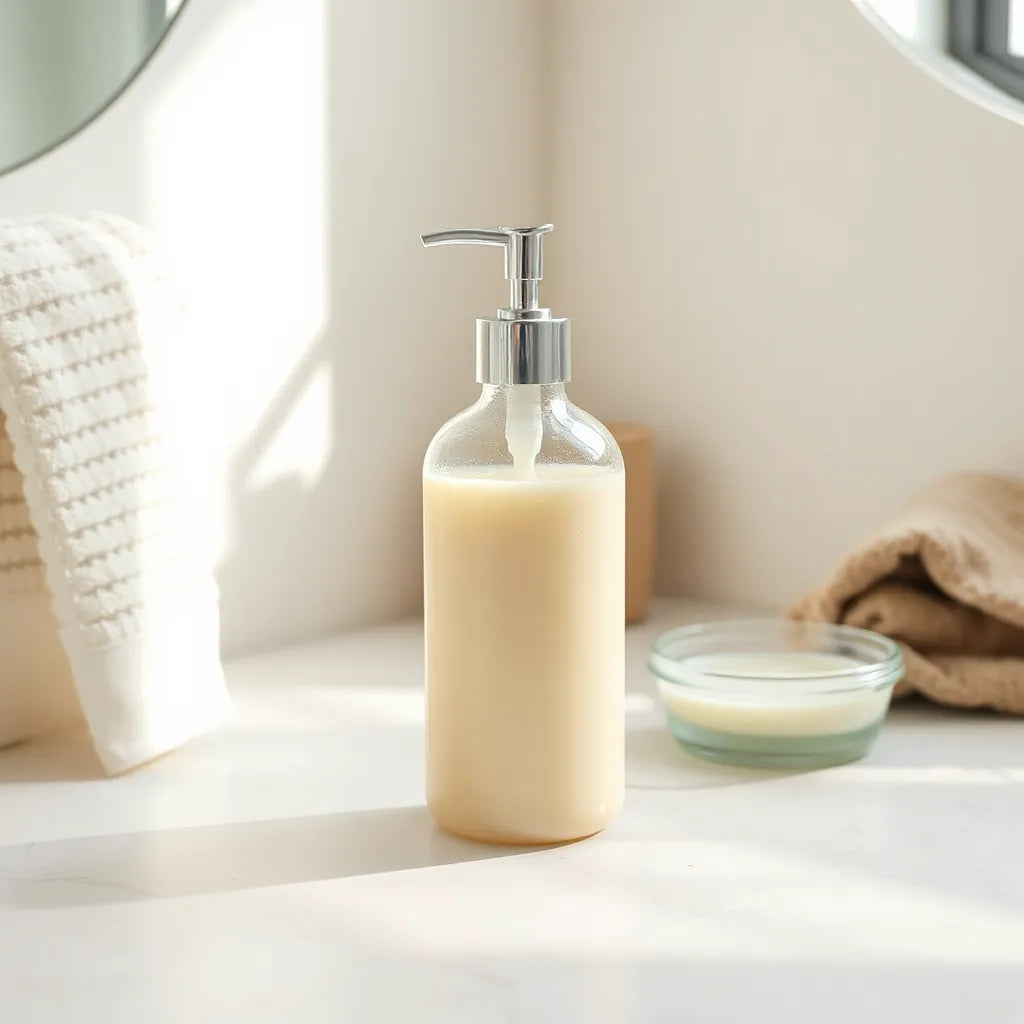 Flacon-pompe de lotion hydratante pour le corps sur un plan de salle de bain, lumière naturelle douce