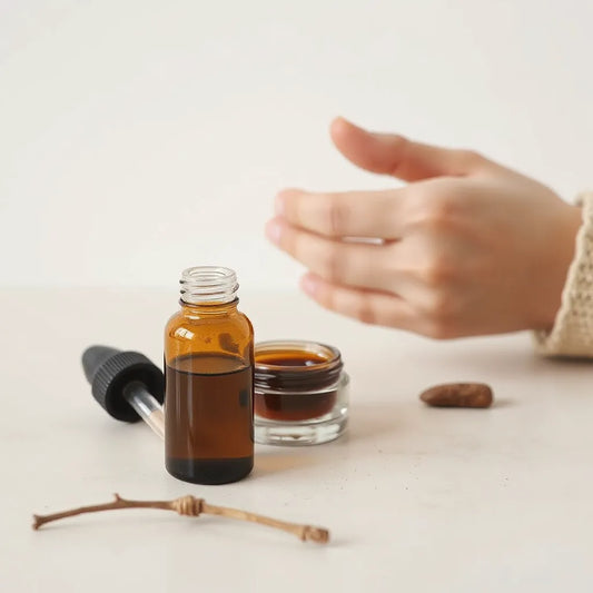 Bouteille de soin et pot cosmétiques sur une table claire, avec une main en arrière-plan