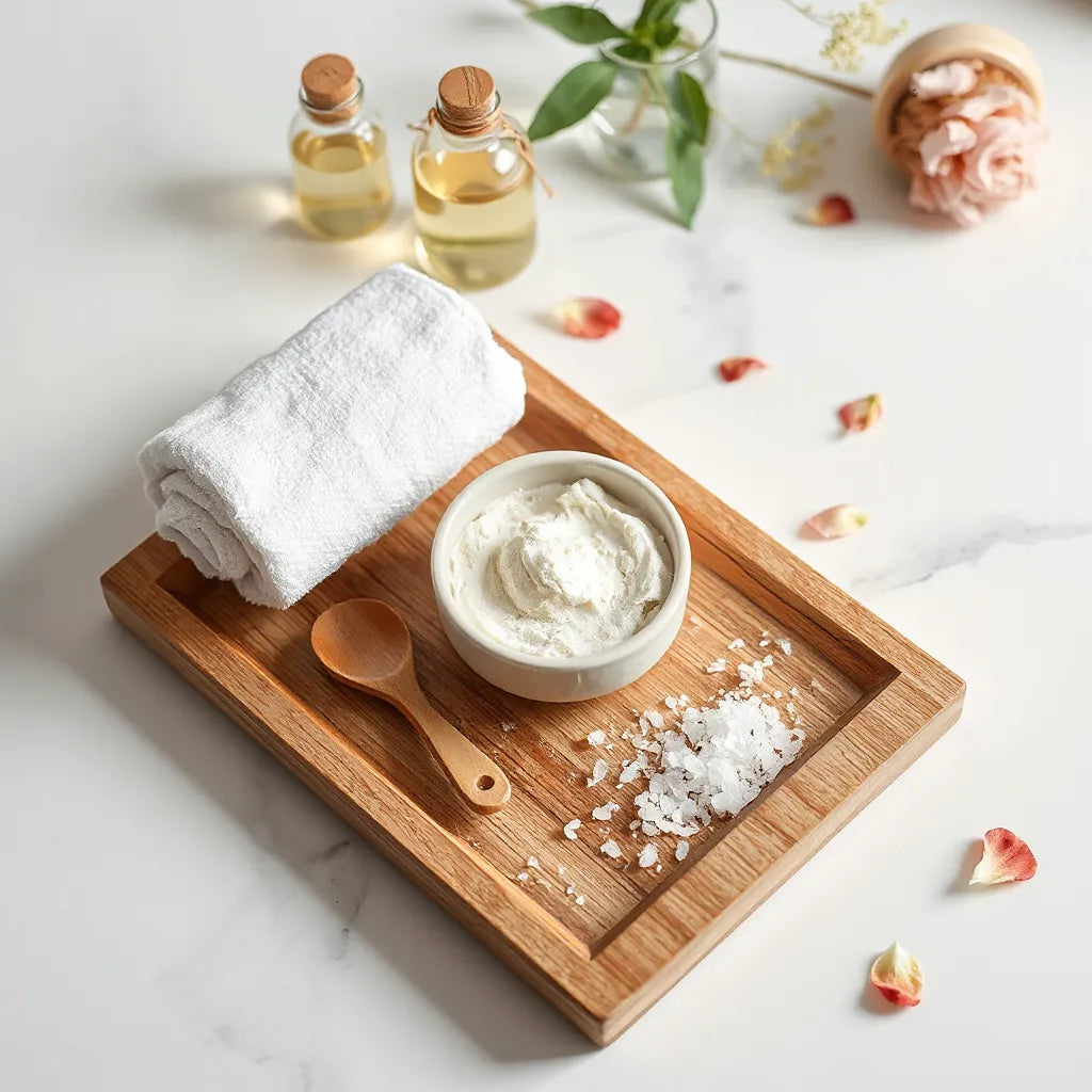 Bol de gommage corporel de luxe sur une table en marbre avec spatule bois, brosse et serviette