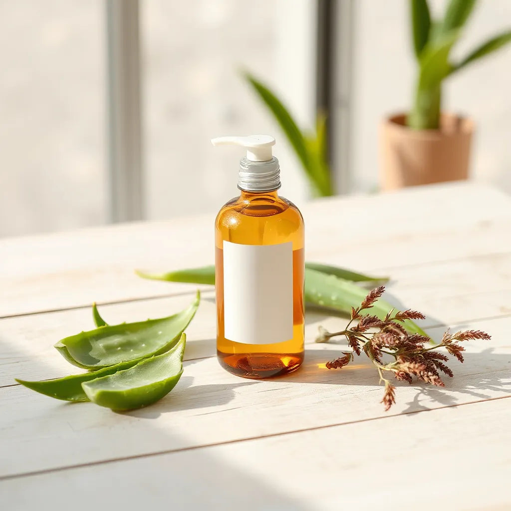 Lotion solaire naturelle dans une bouteille en verre, posée sur bois avec feuilles d’aloe et herbes au soleil