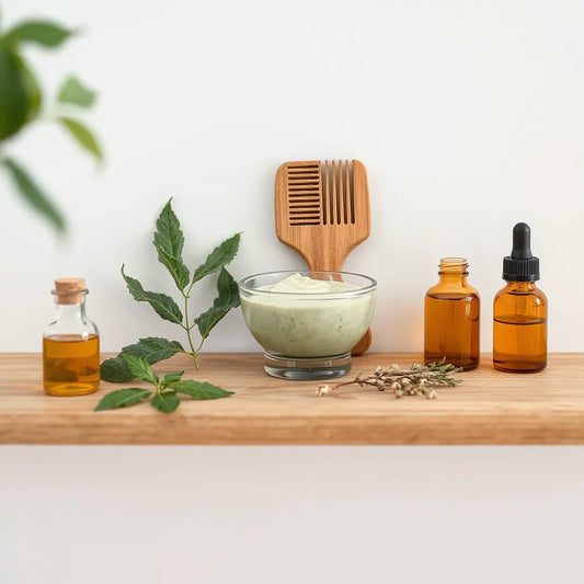 Bol de masque capillaire naturel, feuilles vertes et accessoires de coiffage sur une étagère bois, lumière du jour