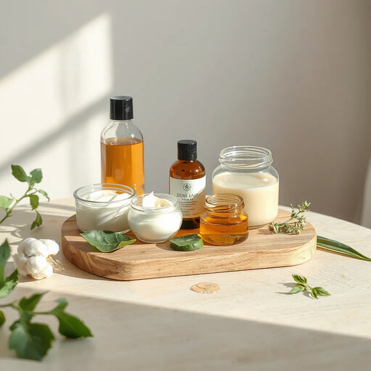 Gamme de produits de soin bio en verre, crème et sérum, avec plantes vertes sur un plateau en bois clair.