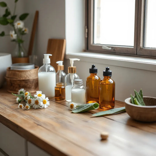Bouteilles et pots de soins naturels avec feuilles et fleurs près d’un plan de travail en bois
