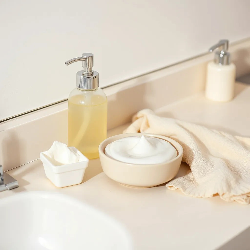 Flacon de nettoyant visage premium et mousse délicate sur une table de salle de bain minimaliste