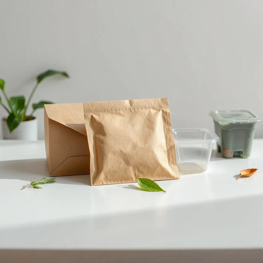 Enveloppe et boîtes en papier compostables avec un petit bac à compost et des feuilles vertes
