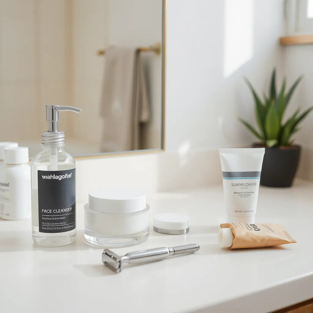 Set de soins visage et barbe sur un comptoir de salle de bain, éclairage naturel et style minimal.