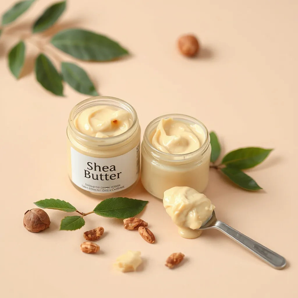 Pot de crème beige au beurre de karité avec texture lisse et quelques noix de karité sur un fond clair