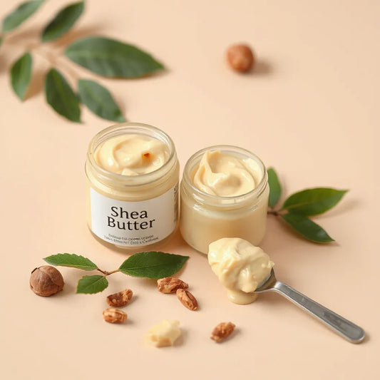 Pot de crème beige au beurre de karité avec texture lisse et quelques noix de karité sur un fond clair
