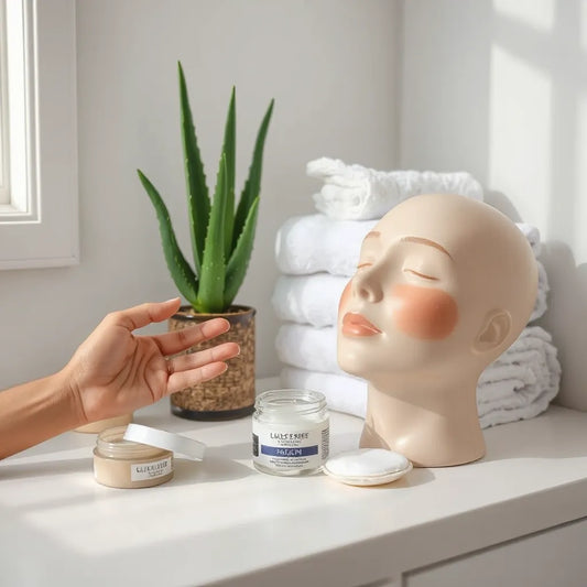 Main appliquant une crème apaisante sur le visage, avec flacons de soins doux sur une table de salle de bain