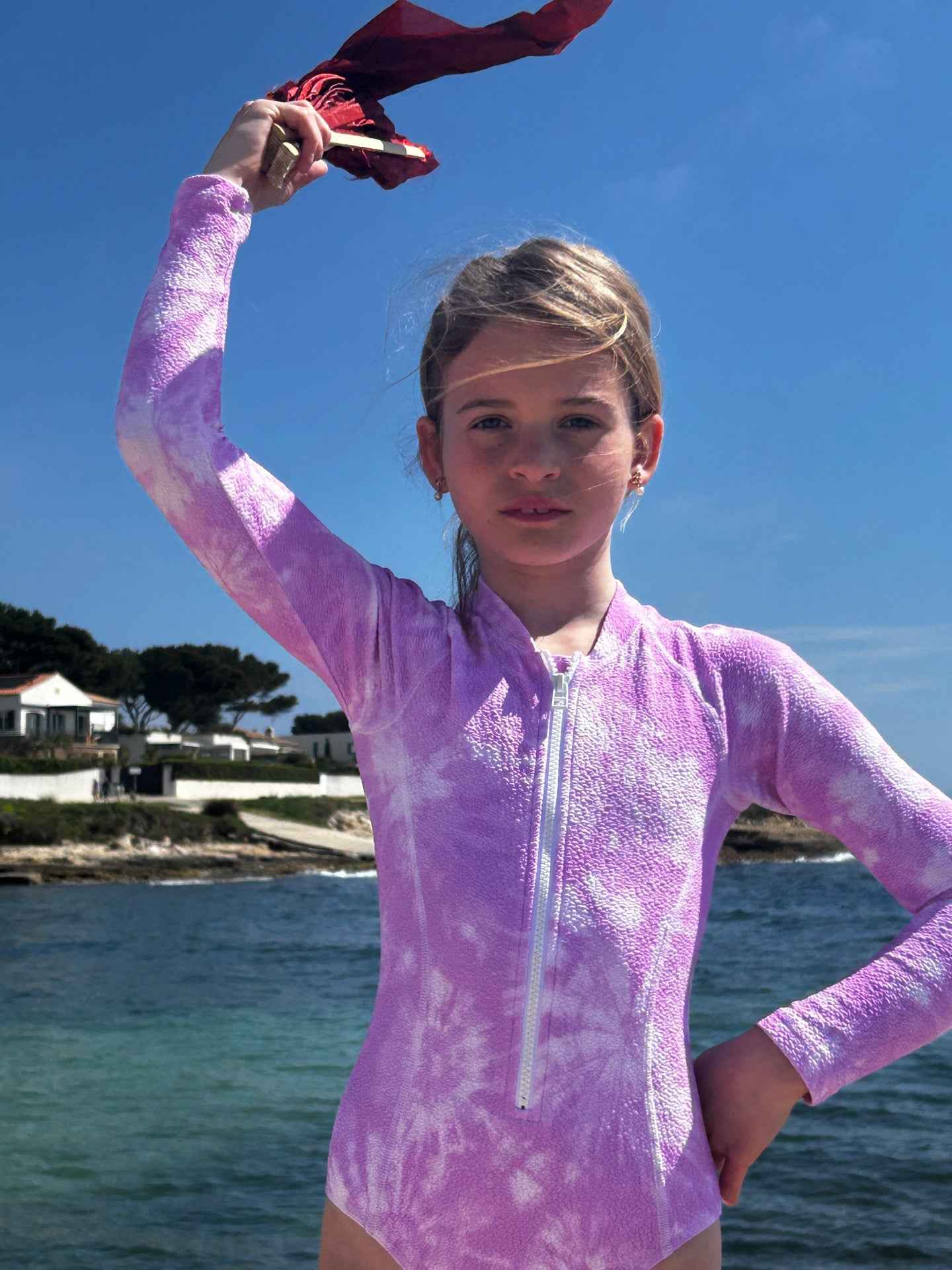 Maillot de bain manches longues anti UV fille, tie dye lilas | COMBI TAHAA