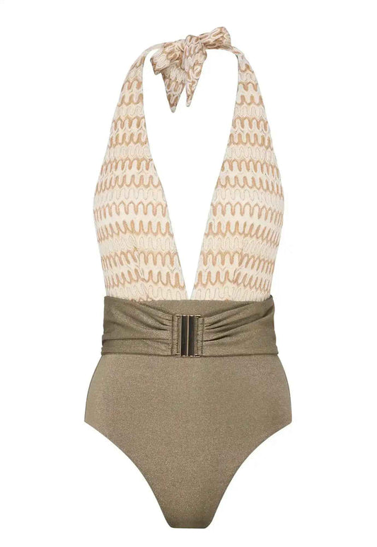 Maillot de bain une pièce femme, crochet écru/kaki  | SUNSET 1P