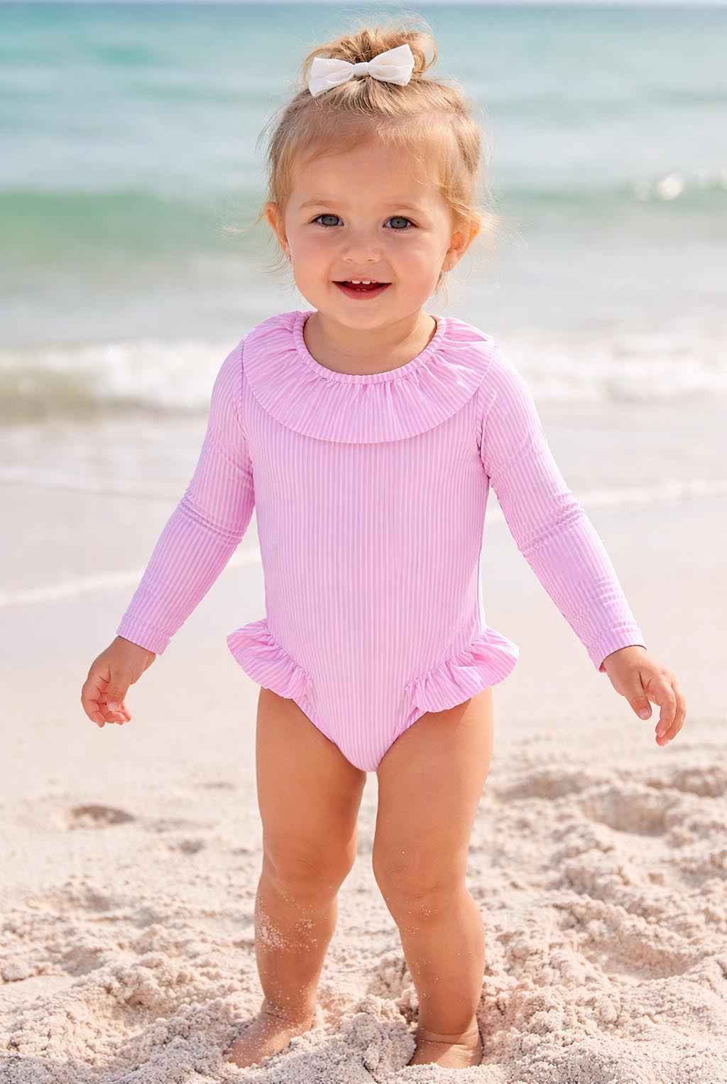 Maillot de bain manches longues fille rayé lilas | CANDY BEBE