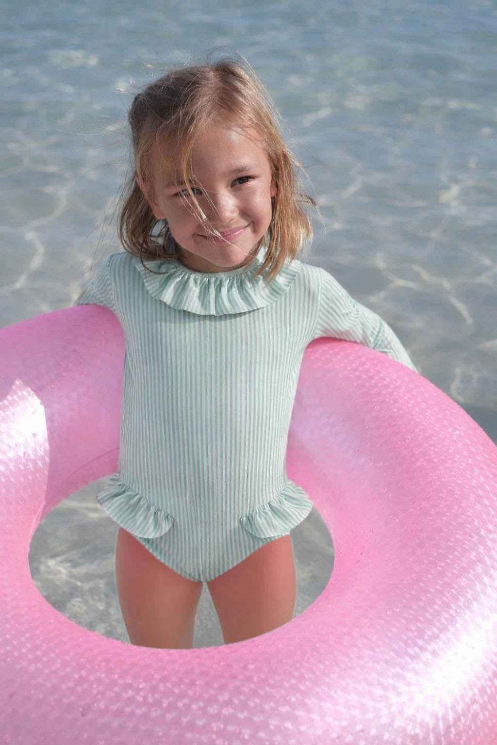 Maillot de bain manches longues fille rayé vert | CANDY BEBE