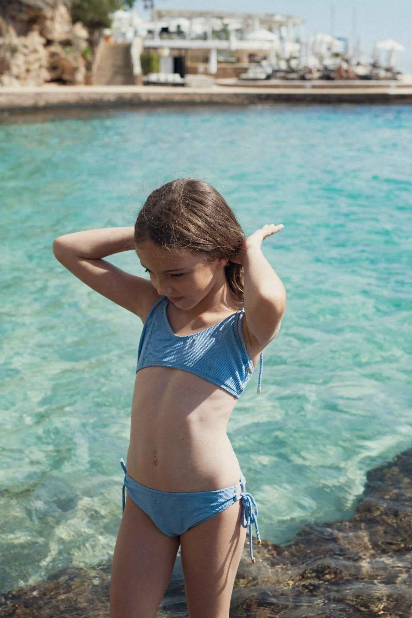 Maillot de bain deux pièces fille, piqué bleu ciel / or | BAHAMAS 2P