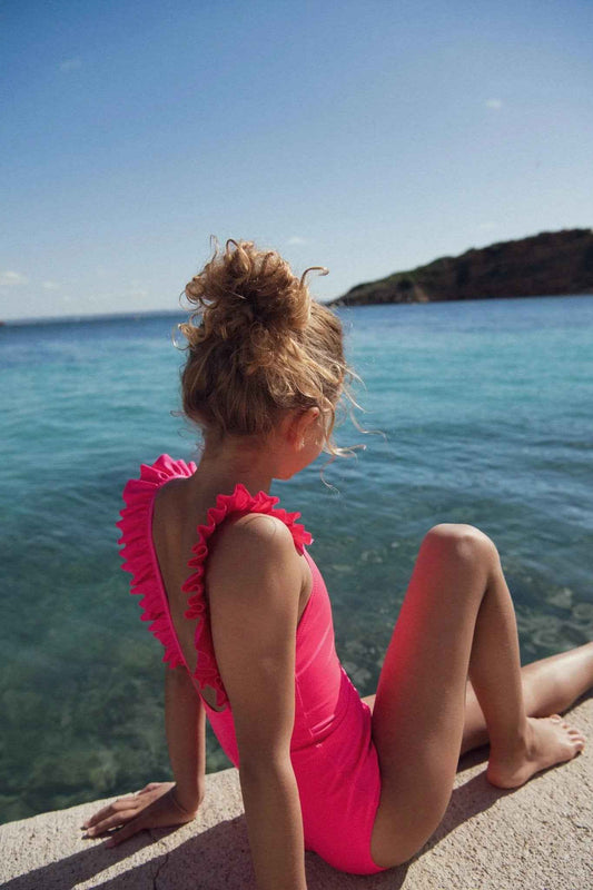 Maillot de bain une pièce fille à volants, UPF50+, rose flashy | BORA BORA 1P
