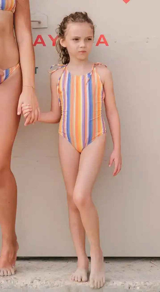 Maillot de bain une pièce fille, rayures oranges  | ARIZONA 1P